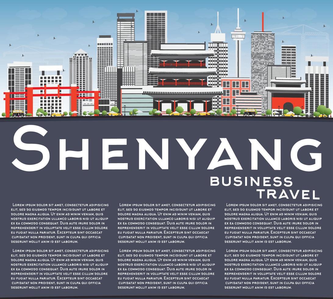shenyang-skyline mit grauen gebäuden, blauem himmel und kopierraum. vektor