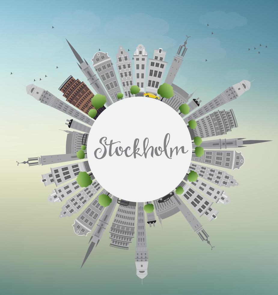 stockholms skyline med grå byggnader och blå himmel med kopia utrymme. vektor