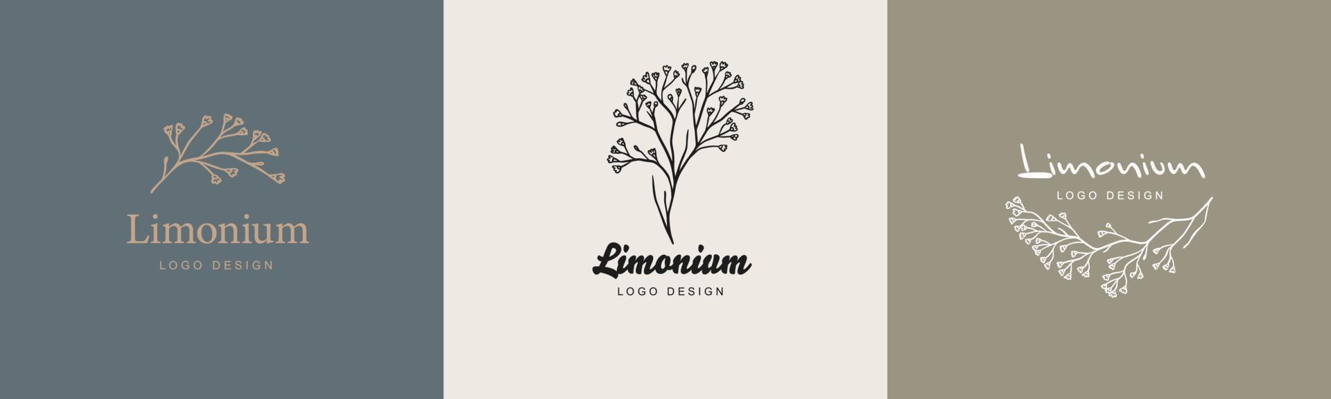 limmoniumblommiga märken och logotyp. stämpeletiketter för tagg med isolerade limoniumblomma. handritad naturlig skylt för taggprodukt i enkel rustik design. vintage logotyp varumärke i malldesign vektor