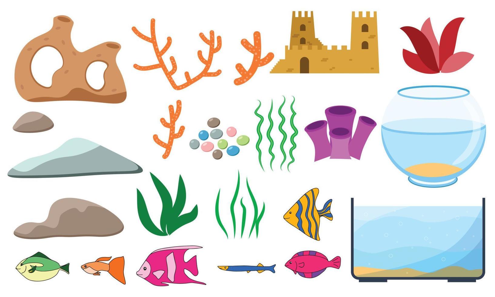 avaristik tecknad serie med akvariefiskar, koraller, stenar, tång, snäckor och akvarietankar i olika former, vektorillustration vektor