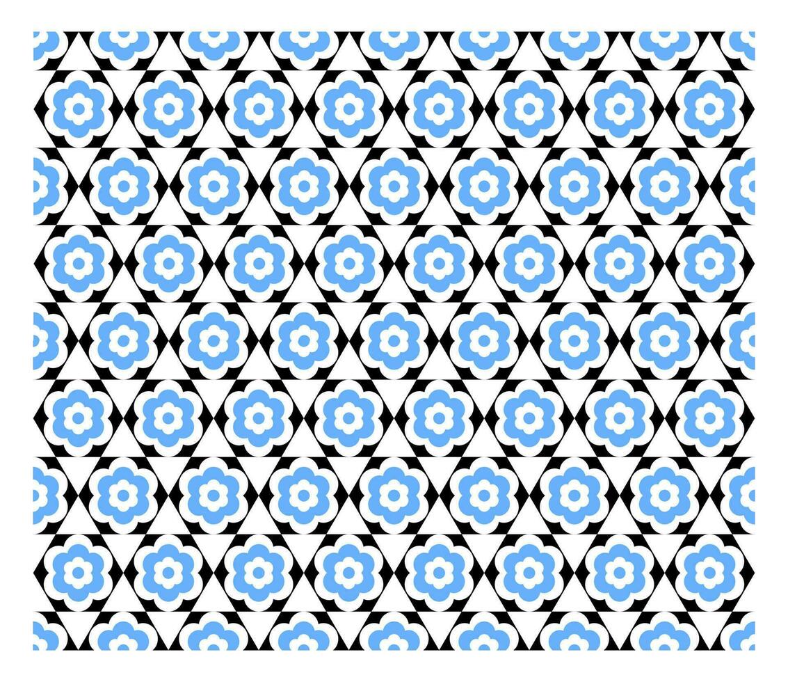 Nahtloses Sechseck mit überlappenden blauen Blumenformen. vektor