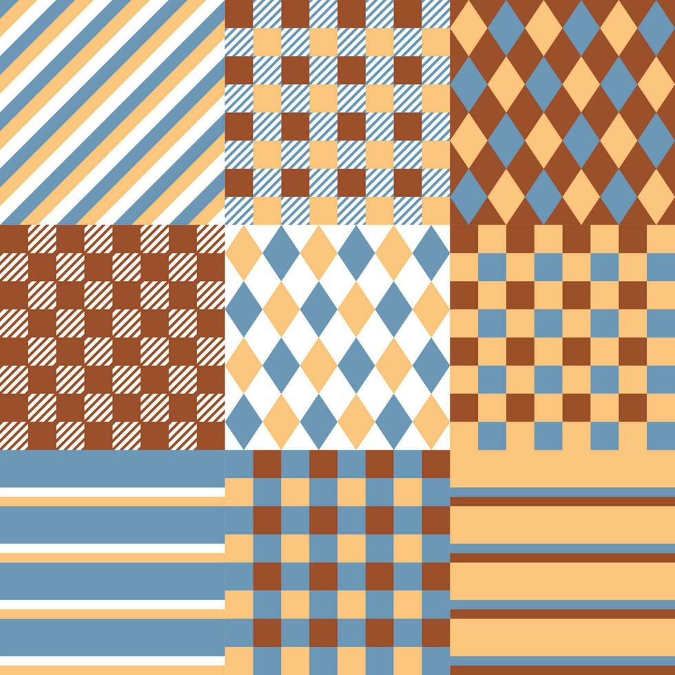 gebündelter nahtloser Hintergrund mit verschiedenen Mustern in Braun-Blau-Creme-Tönen vektor