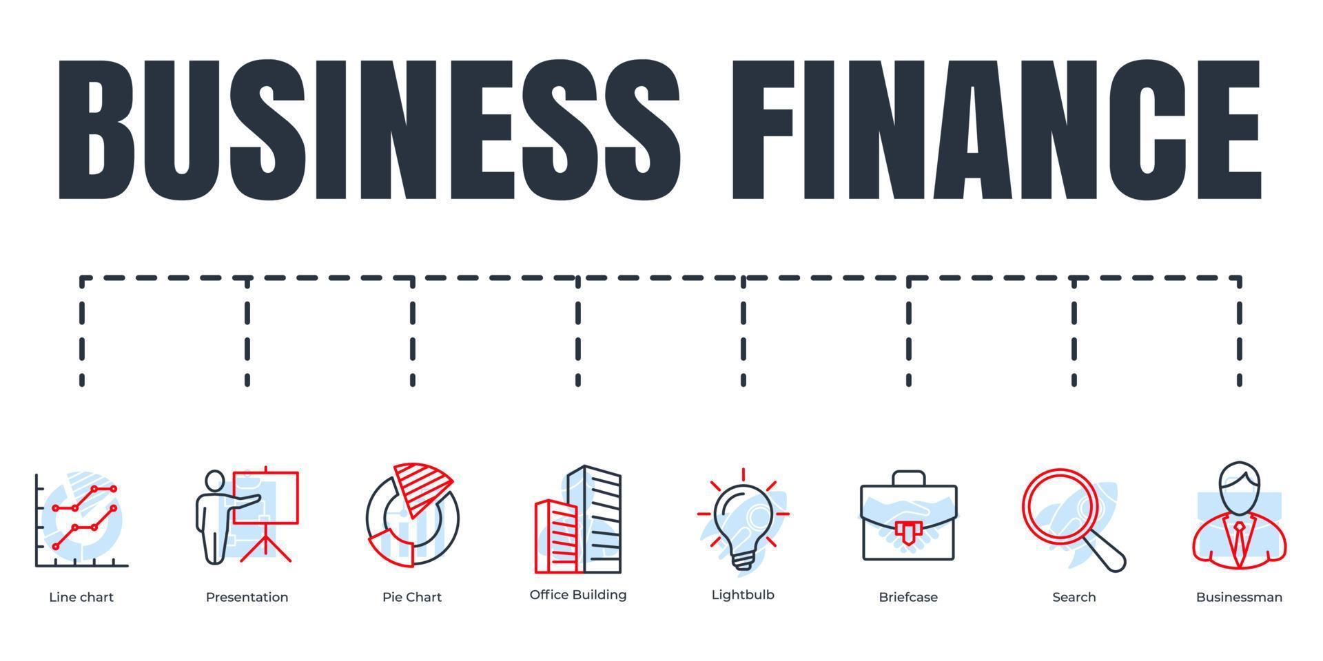 Business Finance Banner Web-Icon-Set. Geschäftsmann, Aktentasche, Tortendiagramm, Präsentation, Suche, Bürogebäude, Glühbirne, Liniendiagramm-Vektorillustrationskonzept. vektor