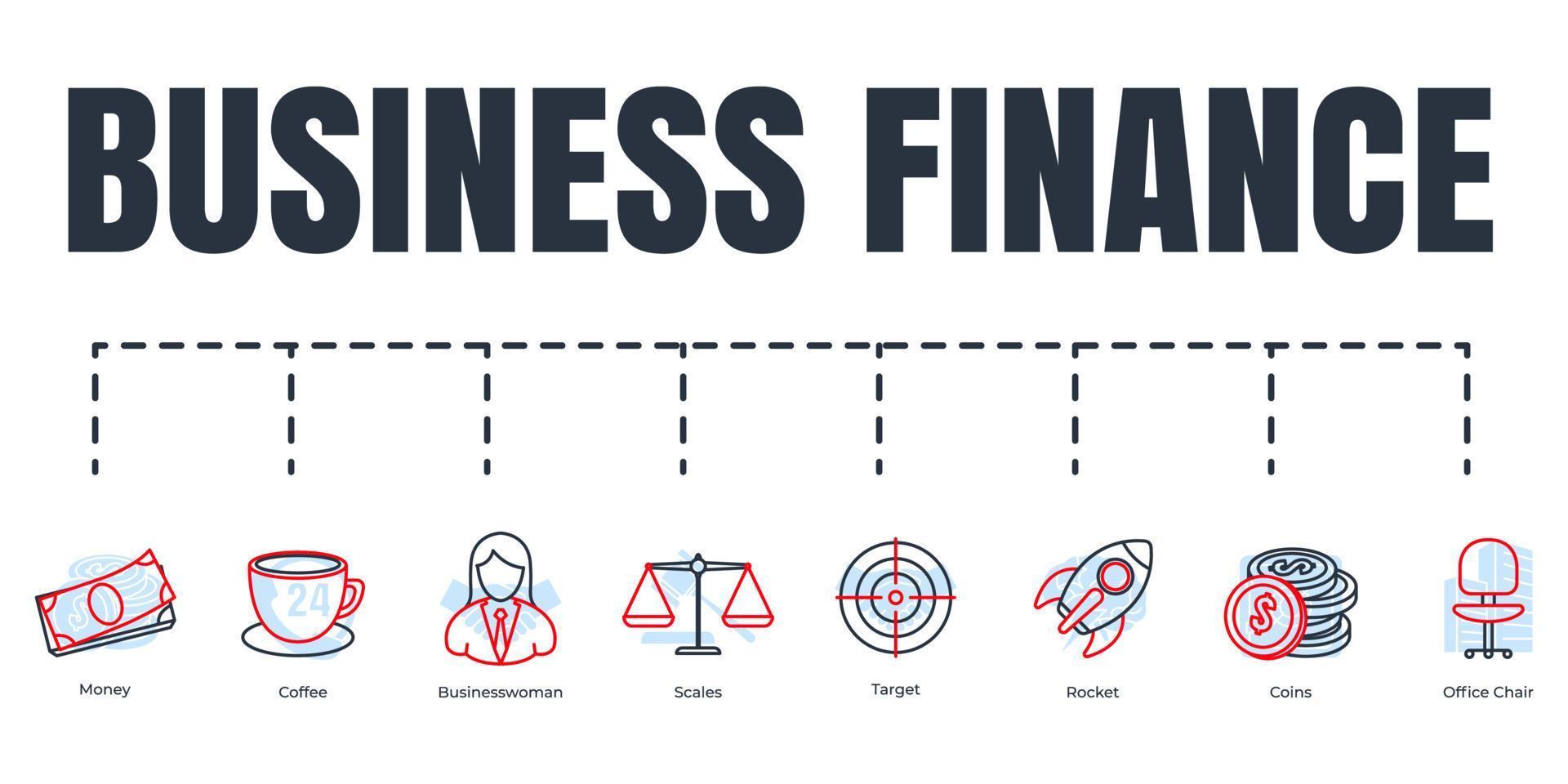 Business Finance Banner Web-Icon-Set. rakete, ziel, bürostuhl, geschäftsfrau, münzen, kaffee, geld, waagenvektorillustrationskonzept. vektor