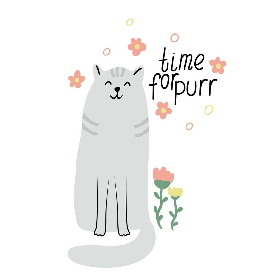 Karte mit einer niedlichen schnurrenden Katze und Blumen. hand gezeichnete flache vektorillustration und beschriftung. zeit für schnurren zitat. vektor