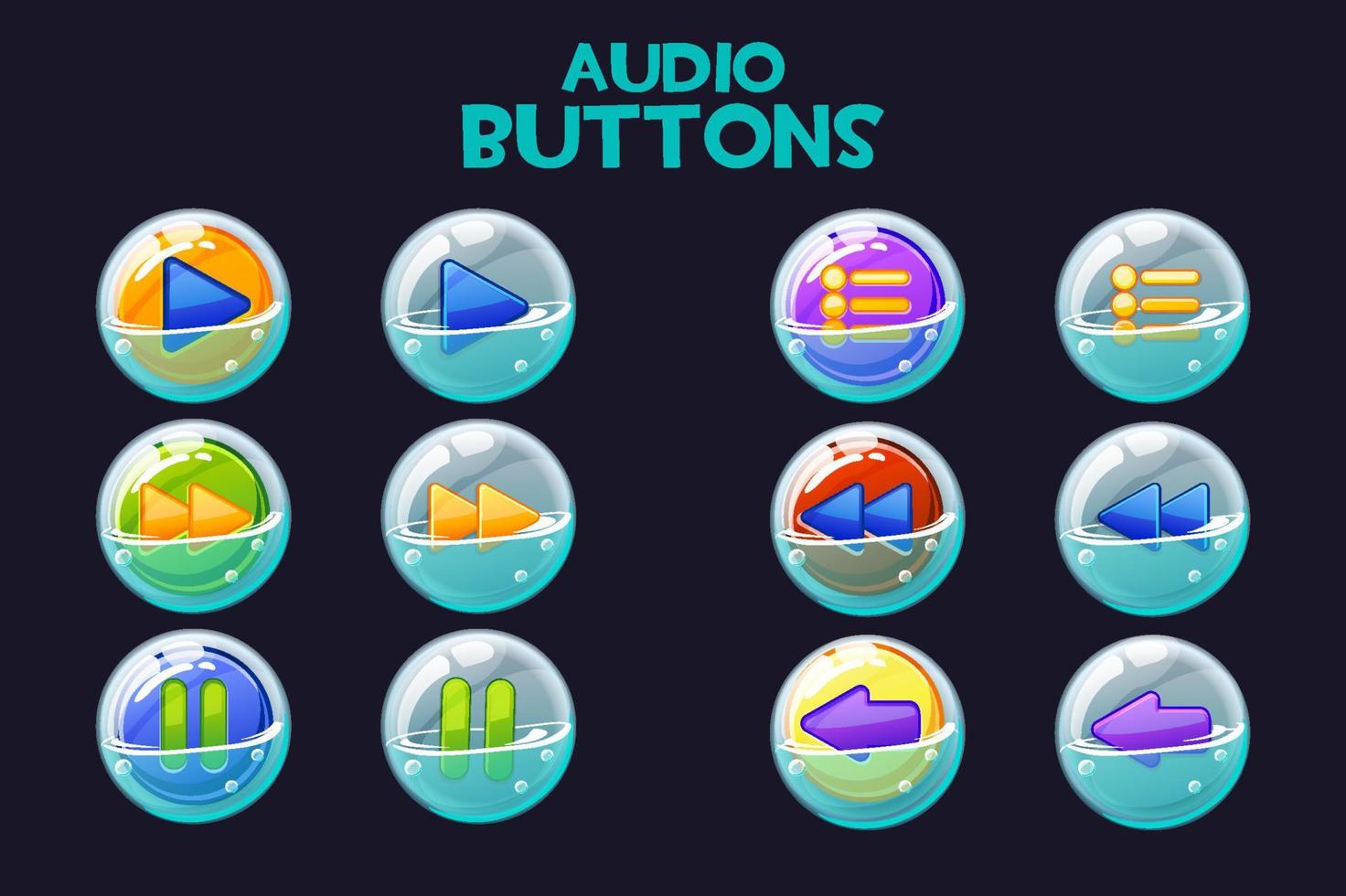 eine Sammlung heller, mehrfarbiger Audiotasten in Seifenblasen. satz von symbolen für die schnittstelle zur musikwiedergabe. vektor