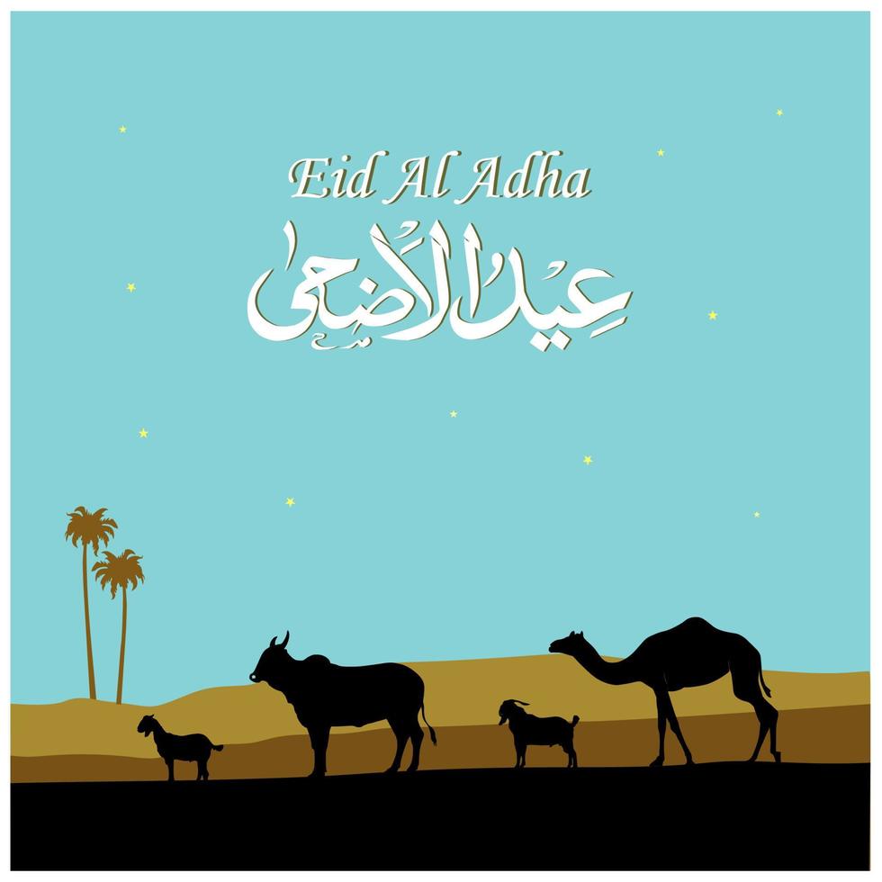 Eid-Vektor-Illustration. muslimischer feiertag eid al-adha. die Opfer Ziege, Schaf, Kuh und Kamel. Silhouettentier. grafikdesign dekoration arabischer text. Übersetzung aus dem Arabischen, eid al adha vektor