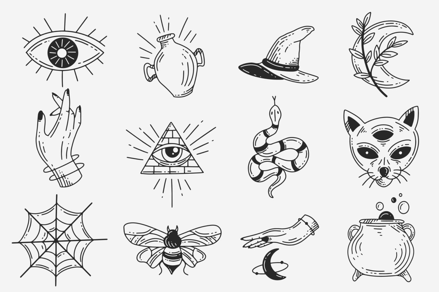 set sammlung mystisch himmlisch dunkel heilig einfach minimalismus tattoo clipart symbol raum gekritzel esoterisch elemente vintage illustration vektor