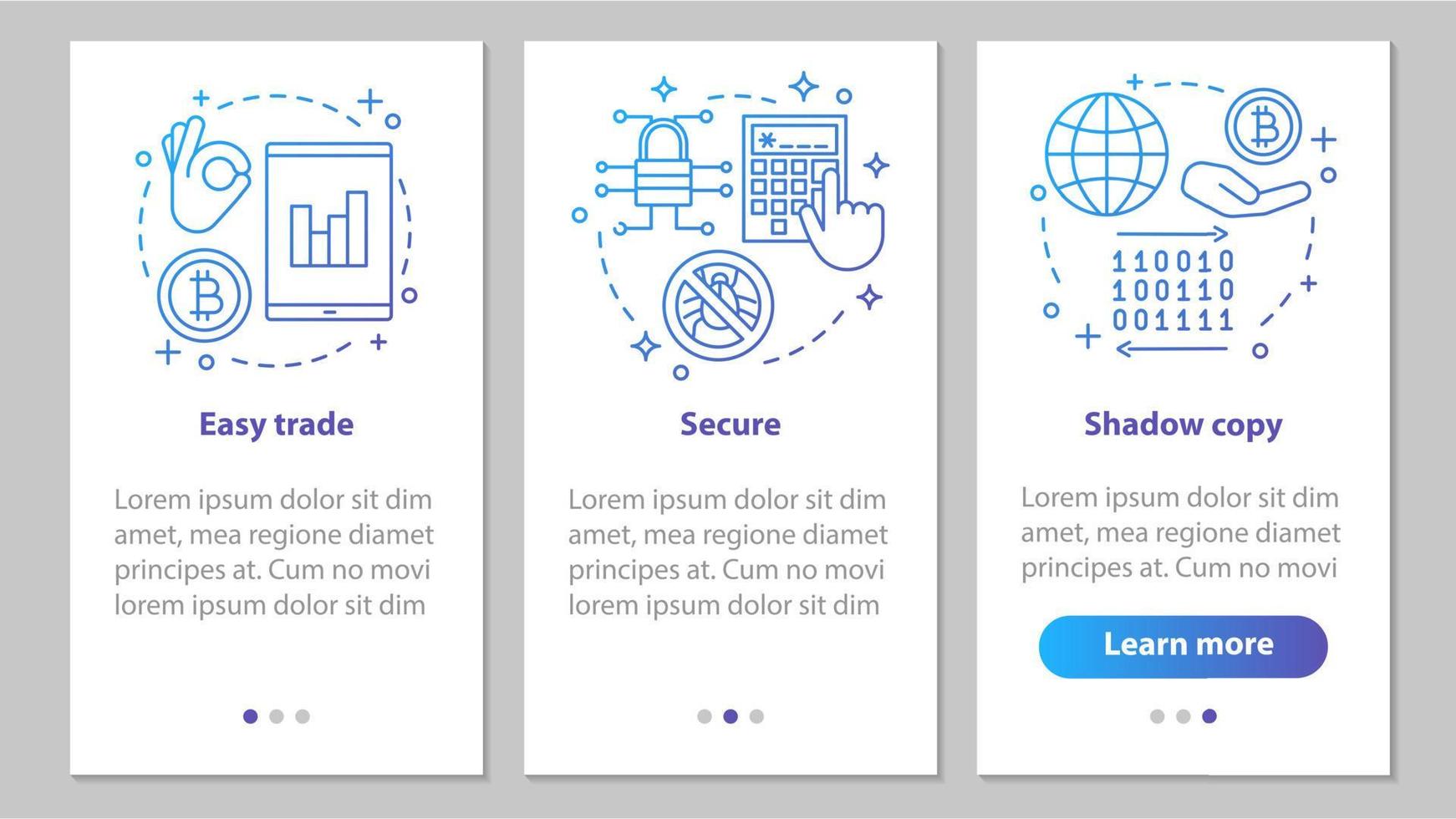 internet business onboarding mobiler app-seitenbildschirm mit linearen konzepten. Online-Trading-App. einfacher handel, schattenkopie, digitale sicherheitsschritte grafische anweisungen. ux, ui, gui-vektorillustrationen vektor