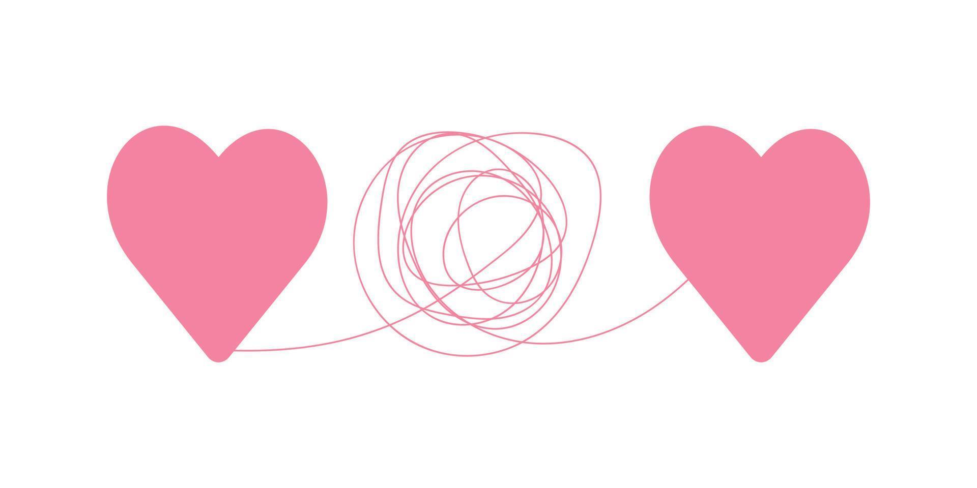 två hjärtan sammankopplade av invecklade relationer. vektor illustration på psykologi av mänskliga relationer.