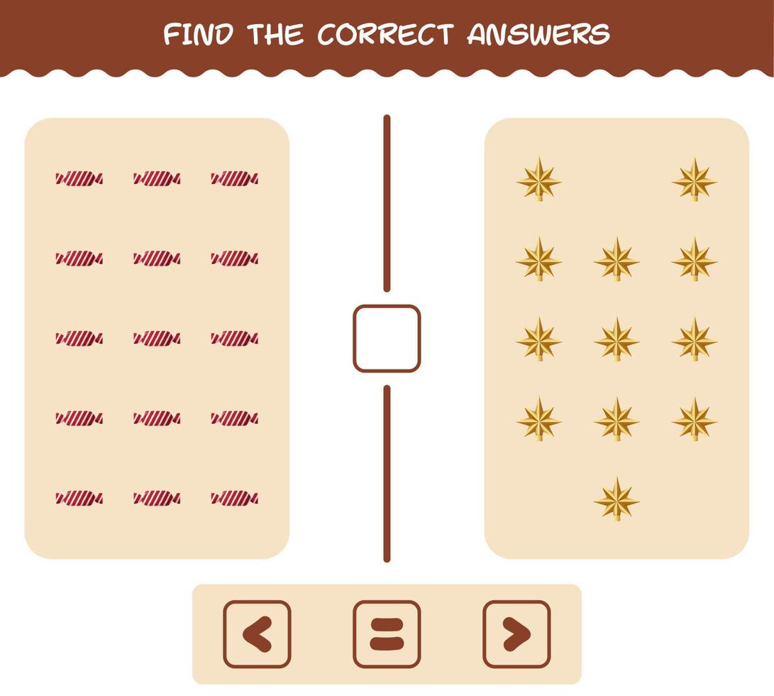 hitta de rätta svaren för tecknad jul. leta och räkna spel. pedagogiskt spel för barn och småbarn i förskoleåldern vektor