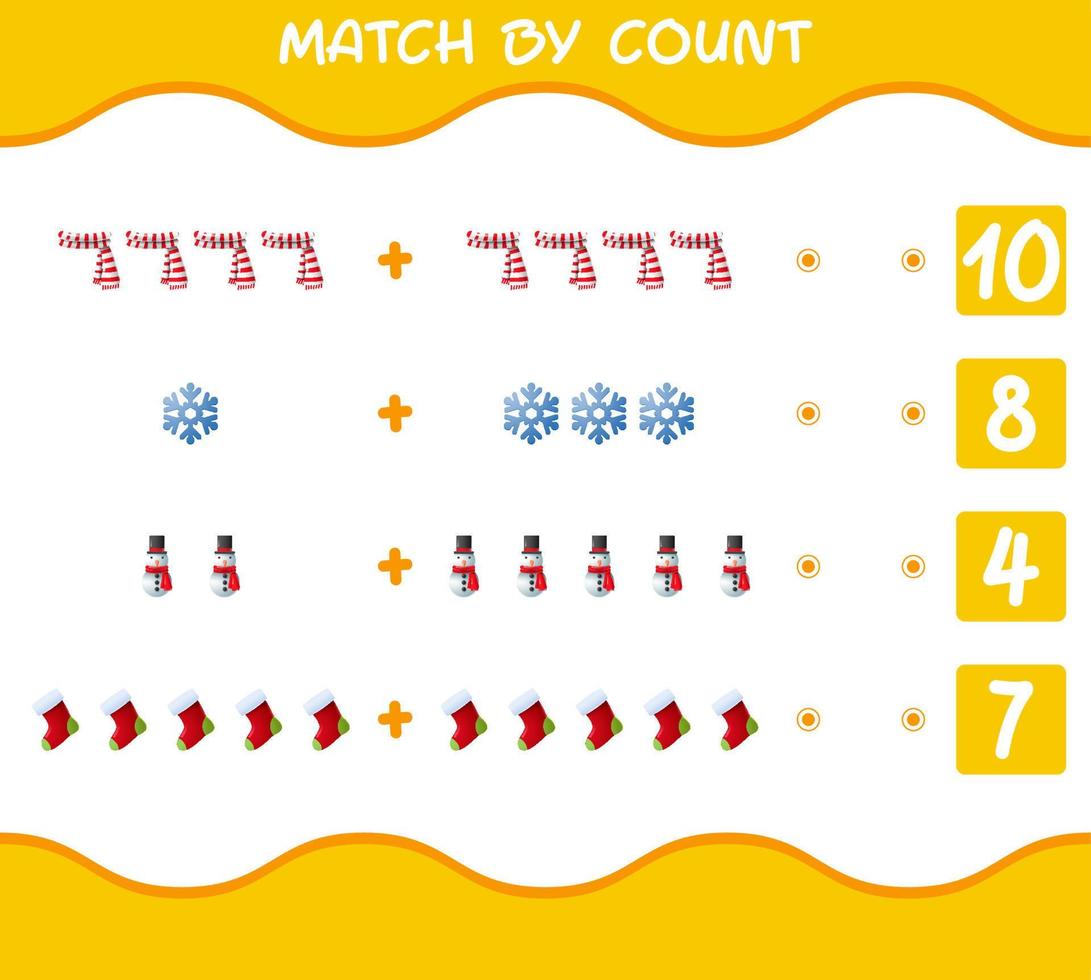 Übereinstimmung durch Anzahl von Cartoon-Weihnachten. . Match-and-Count-Spiel. Lernspiel für Kinder und Kleinkinder im Vorschulalter vektor