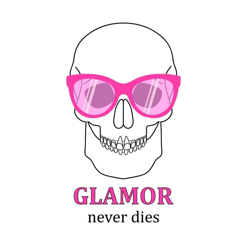 schädel in rosa sonnenbrille. Glamour stirbt nie. Druckdesign für T-Shirt, Aufkleber, Aufkleber, Notizblock. Vektor-Illustration isoliert auf weißem Hintergrund vektor