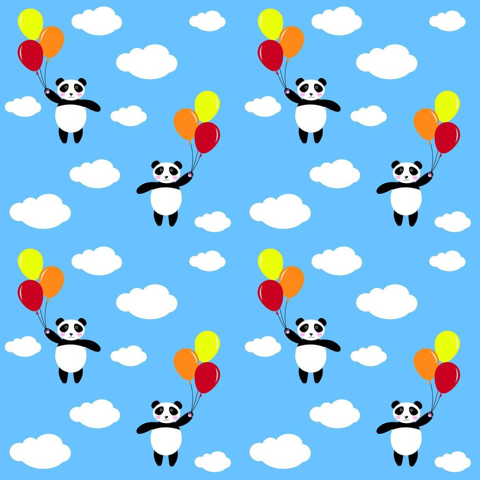 panda sömlös bakgrund, glad söt panda flyger med ballonger på himlen mellan molnen. vektor illustration för barn