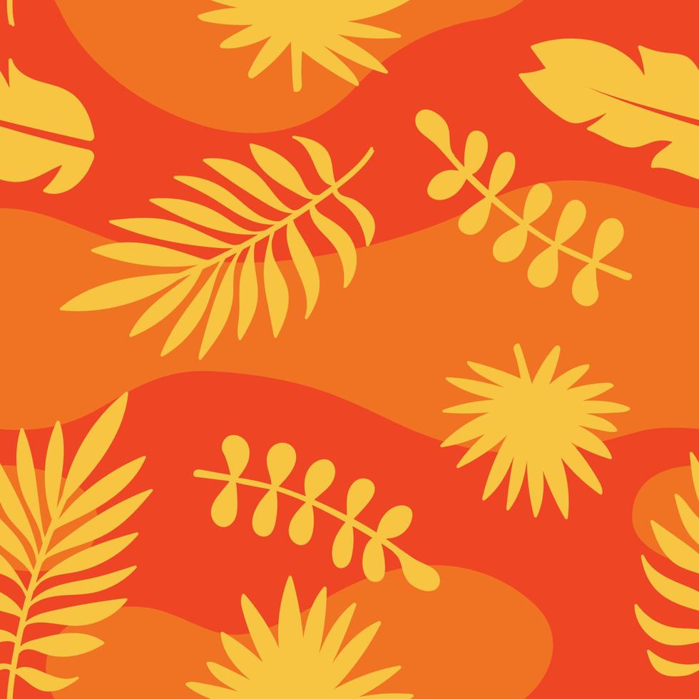 abstrakt orange sommar sömlösa mönster med kopia utrymme för text. ljusa tropiska löv och växter i enkel minimal stil. vektor