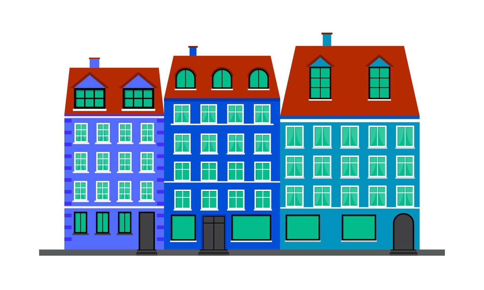 stadsliv. blå hus i skandinavisk stil. landskap med byggnadsfasader. vektor illustration isolerad på vit bakgrund