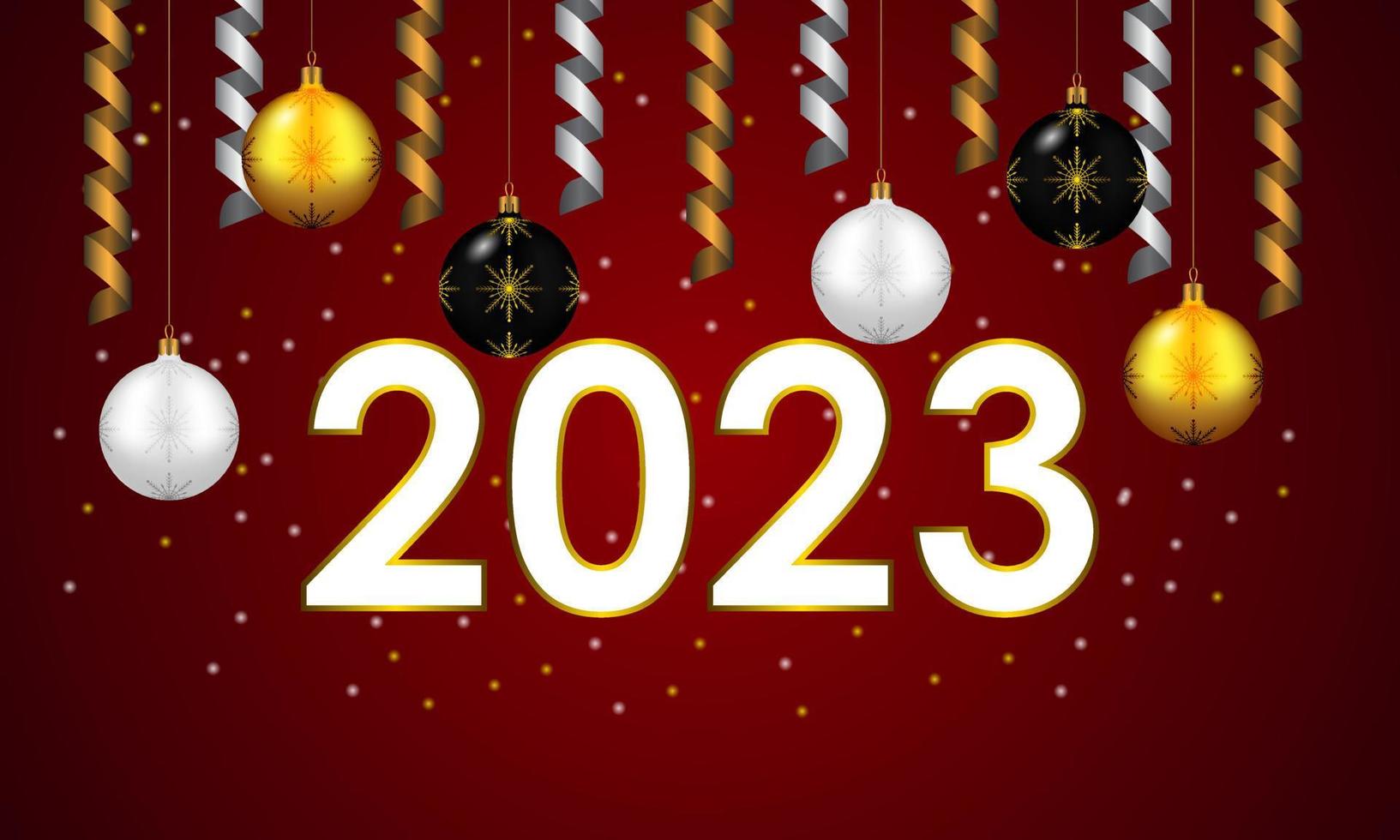 frohes neues jahr 2023. festliches design mit weihnachtsschmuck, kugeln und streamer vektor