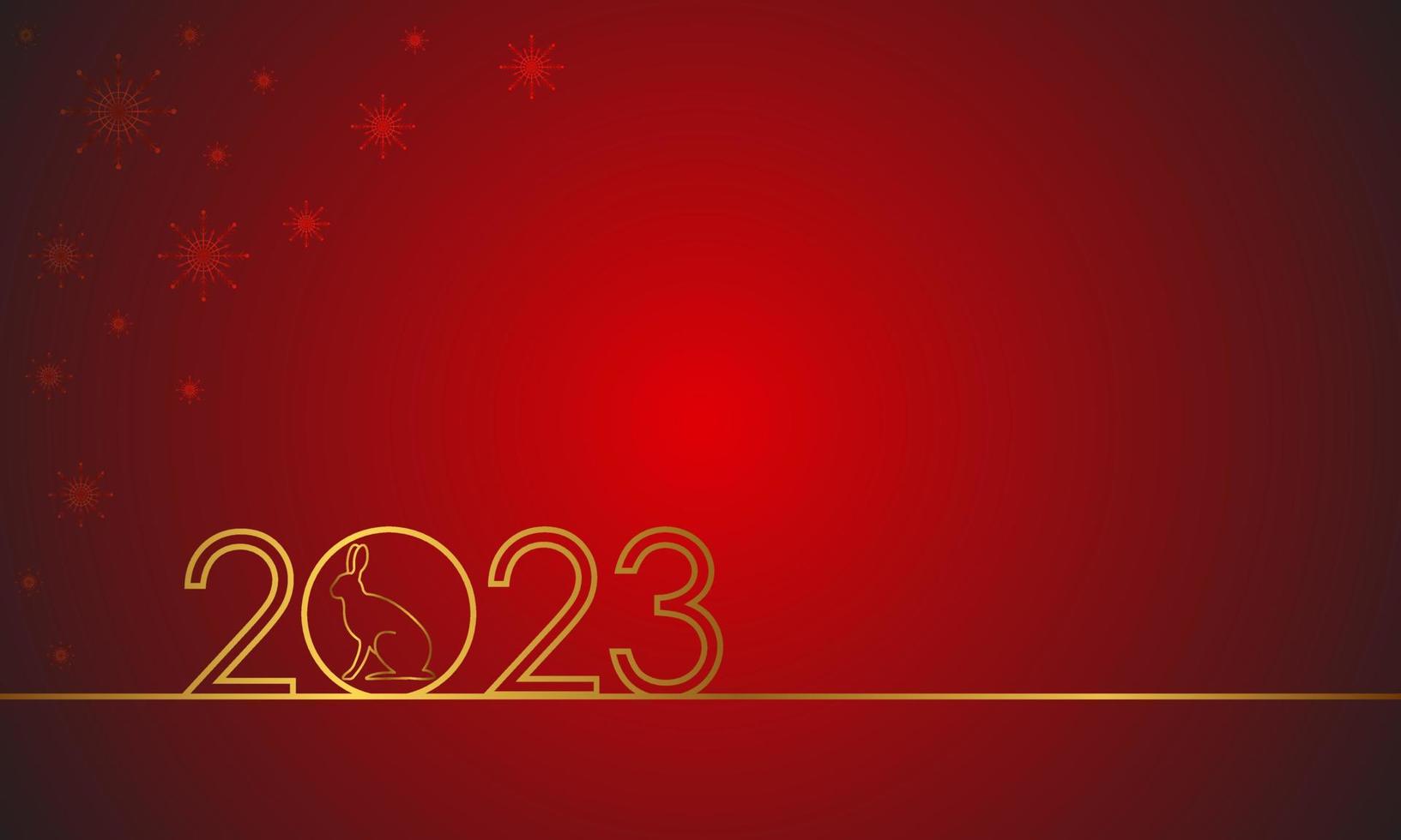 textdesign gott nytt år 2023 med guldsiffror och en hare på röd bakgrund med snöflingor. festlig affisch, gratulationskort eller inbjudningsmall. kaninens år. plats för text. vektor