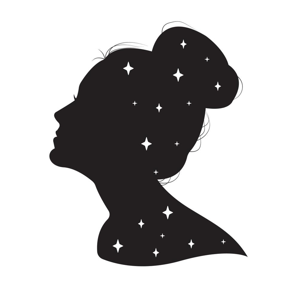 schwarze Vektor-Mädchen-Silhouette auf weißem Hintergrund. Frisur. Mädchensilhouette in den Sternen vektor