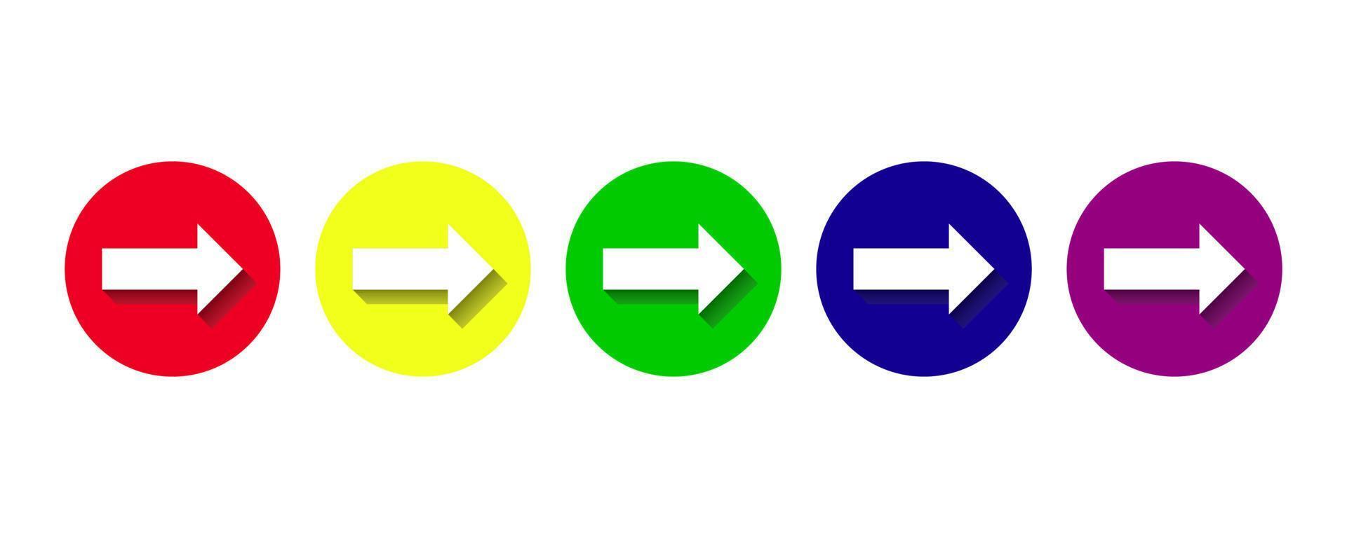 farbige Ikonen von Pfeilen in einem Kreis. Reihe von farbigen Pfeilen. stilvolle flache pfeile mit schatten. Vektorgrafik-Elemente. Vektor-Illustration isoliert auf weißem Hintergrund vektor