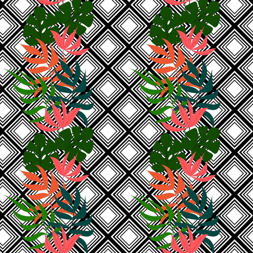 tryck av sommarens exotiska djungelväxter tropiska palmblad. mönster, sömlös blommig vektor på svart vit geometrisk bakgrund. natur tapeter.