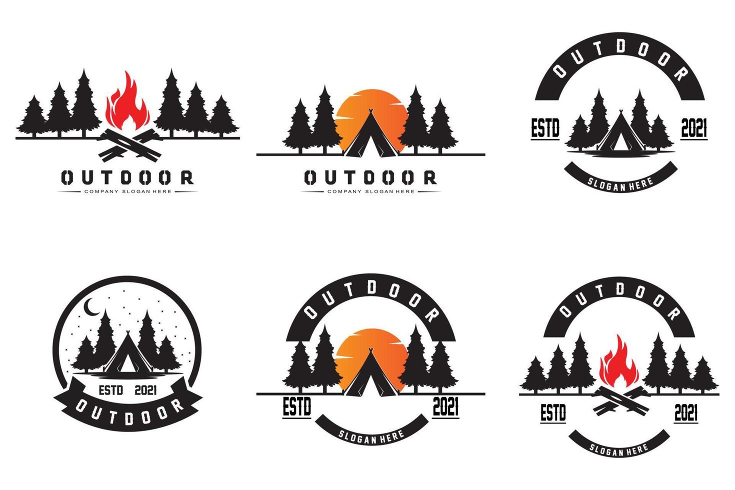 Camping-Logo-Design, Outdoor-Illustration von Wald- und Berglandschaften vektor