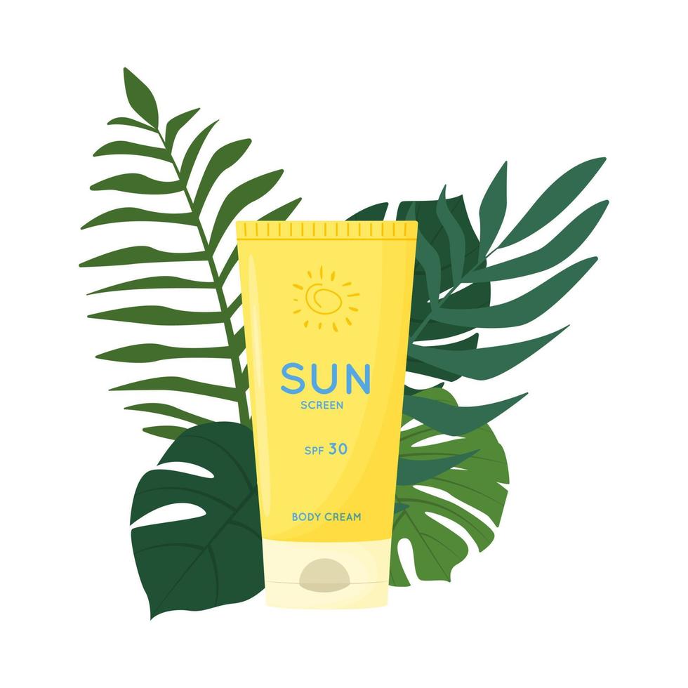 Hautpflegeprodukt. Sonnenschutz, UV-Schutzcreme. Tube Sonnenschutzprodukt mit Lichtschutzfaktor. Sommerkosmetik. flache vektorillustration lokalisiert auf weißem hintergrund vektor