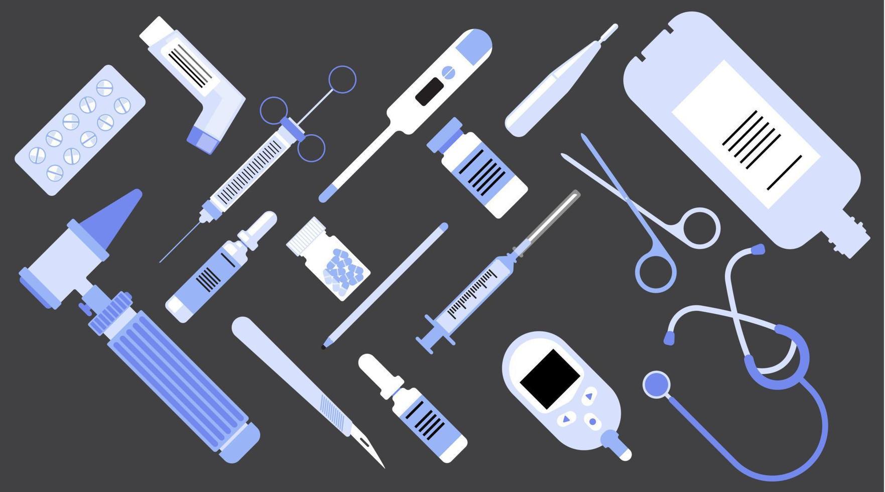 medicinsk utrustning enkel uppsättning vektor, dental, piller, vaccin platt design vektor