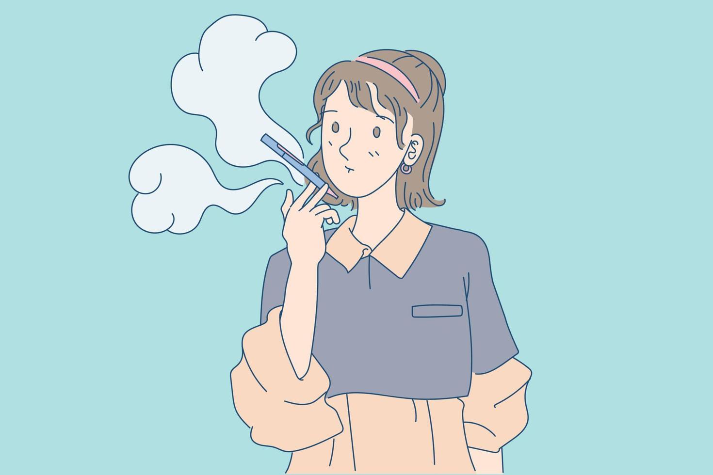 Vape-Mädchen-Cartoon-Stil, der elektrische Dampfzigarette mit flachen Vektorillustrationen der Aktivitäten hält vektor