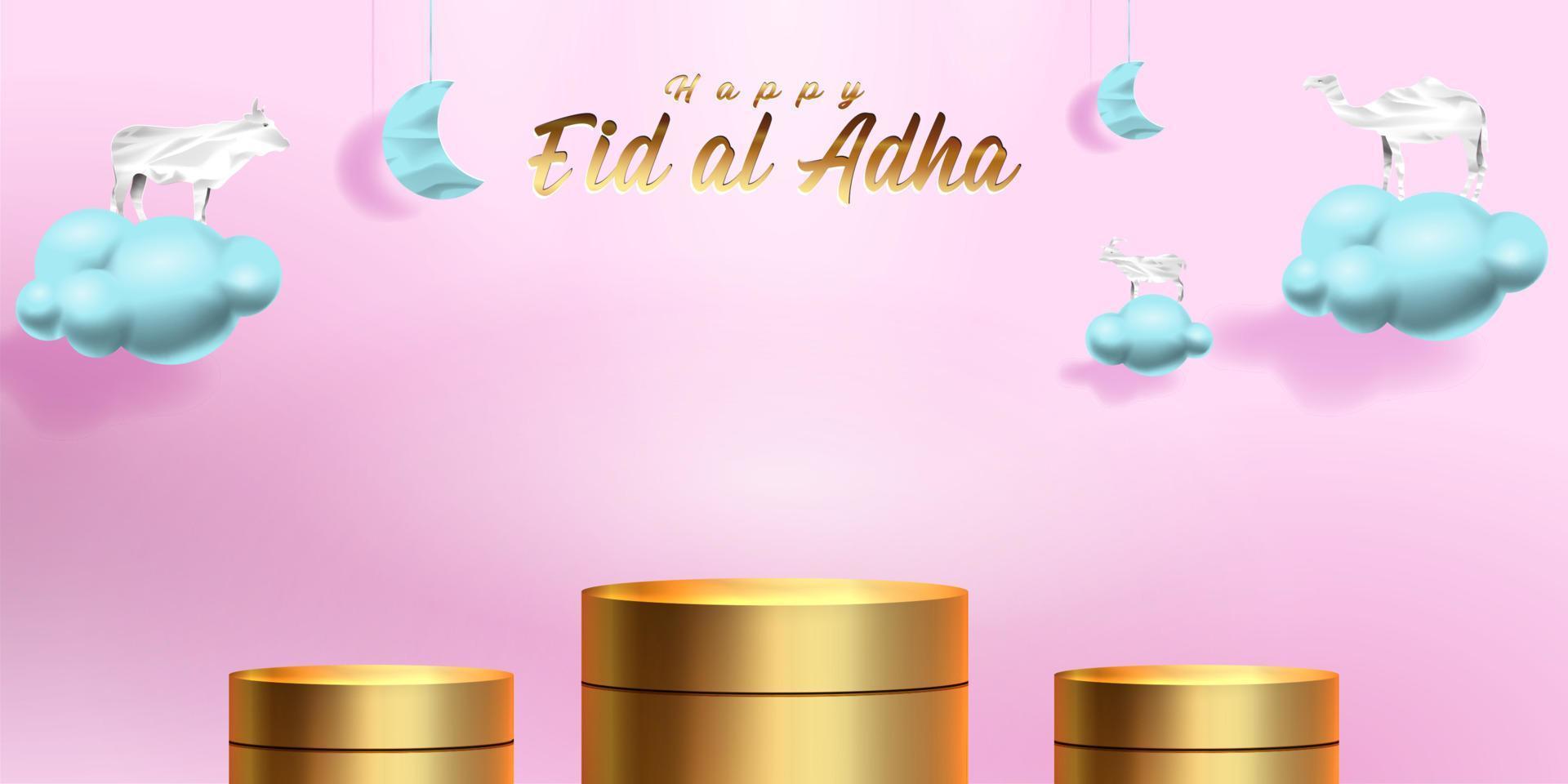 eid al adha islamisk dekoration visa podium bakgrund med get, kamel, ko, måne och stjärna. produktutställning för ramadan kareem, mawlid, eid al fitr, muharram vektor