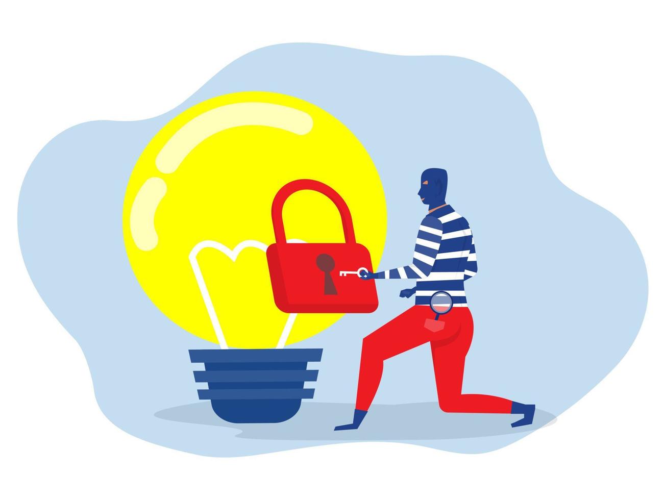 tjuv eller hackare använder nyckel för att hacka in idé på glödlampa. hacker och copyright säkerhetsnätverk koncept. vektor