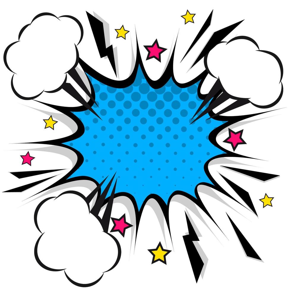 Sprechblasen im Retro-Comic-Design. Blitzexplosion mit Wolken, Blitzen, Sternen. Pop-Art-Vektorelemente. vektor