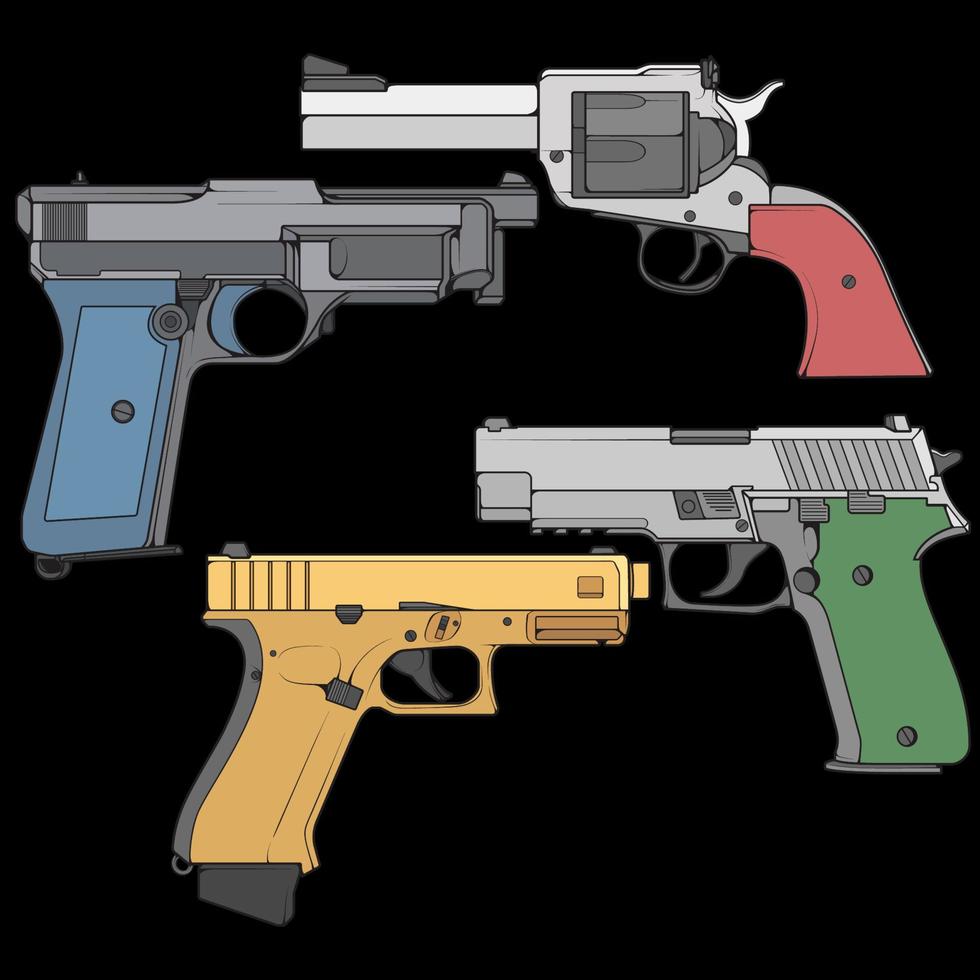 uppsättning av skjutvapen vektor stil, skjutvapen, vapen illustration, vektor linje, pistol illustration, modern pistol, militärt koncept, pistol för träning