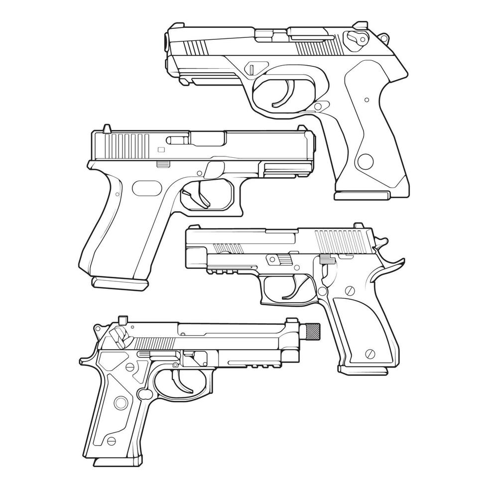 Reihe von Kunststilen für Schusswaffen, Schießpistole, Waffenillustration, Vektorlinie, Waffenillustration, moderne Waffe, militärisches Konzept, Pistolenlinienkunst für das Training vektor