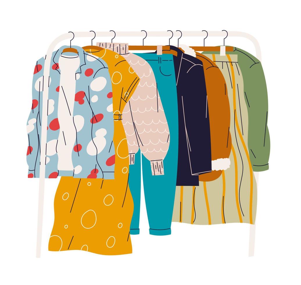 Kleider, die in der Garderobe oder im Geschäft auf einem Kleiderbügel hängen vektor