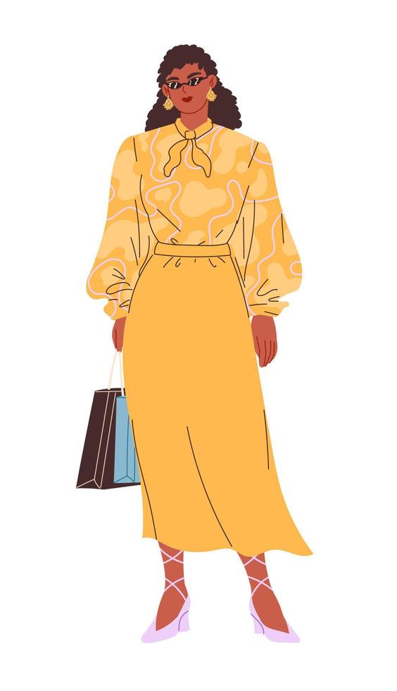 Frau mit Brille, gelber Bluse und Rock mit Taschen aus dem Shop. vektor