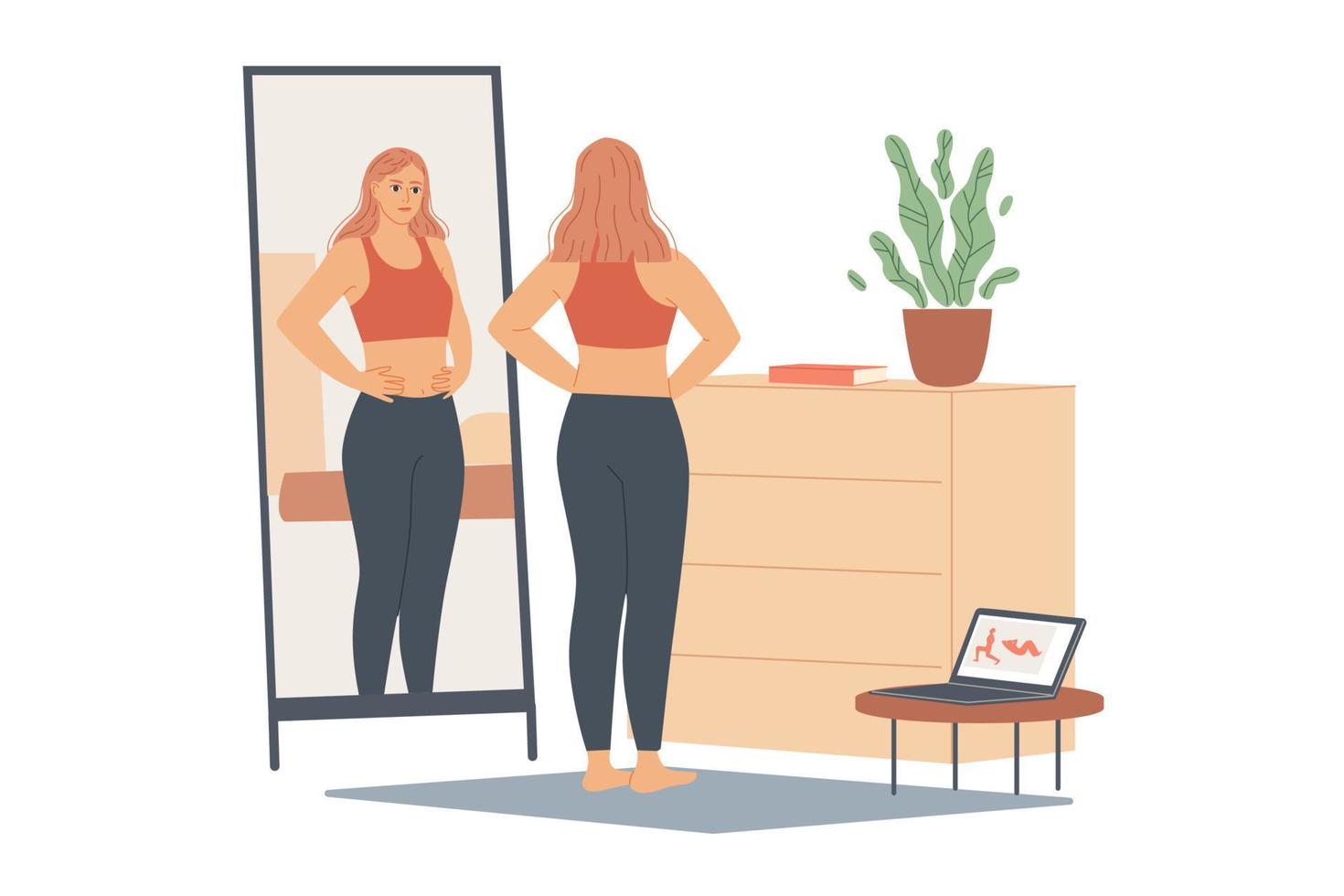 kvinna inte nöjd med sin vikt, hon tittar på magen och midjan, står framför en spegel och tittar på sin kropp efter träning vektor