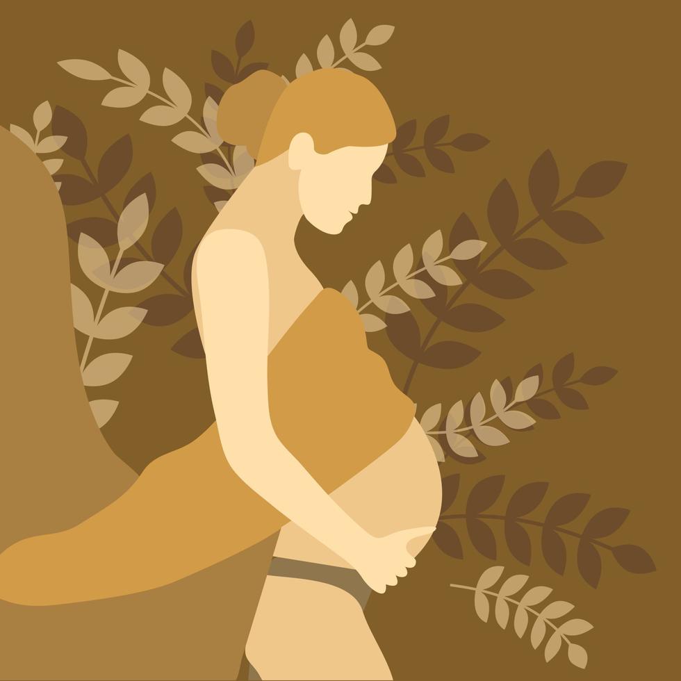 Silhouette einer schwangeren Frau, die ihren Bauch liebevoll auf einem floralen Hintergrund hält. Mutterschaftskonzept vektor