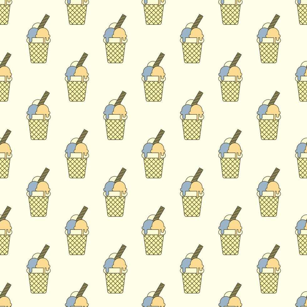 Nahtloses Muster mit bunten Eiskugeln und einem Strohhalm in einem Waffelbecher auf beigem Hintergrund. das konzept von süßigkeiten, leckerem essen, café, spaziergängen vektor