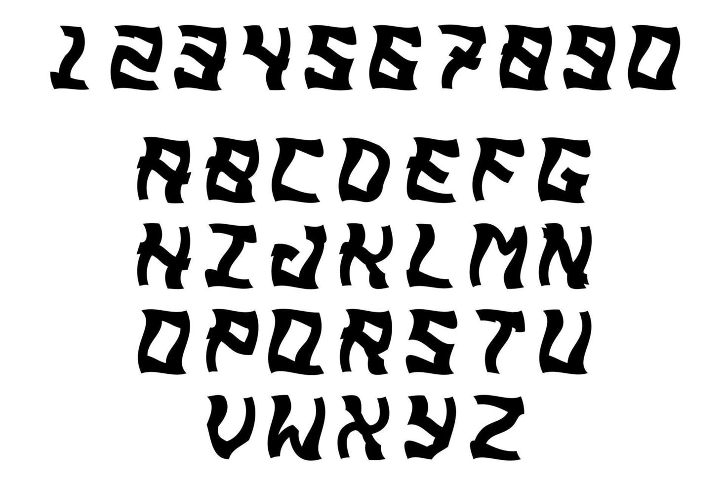 schwarze und weiße Großbuchstaben. Buchstaben und Zahlen in schwarzer Farbe isoliert auf weißem Hintergrund. beängstigendes Schriftdesign. vektor