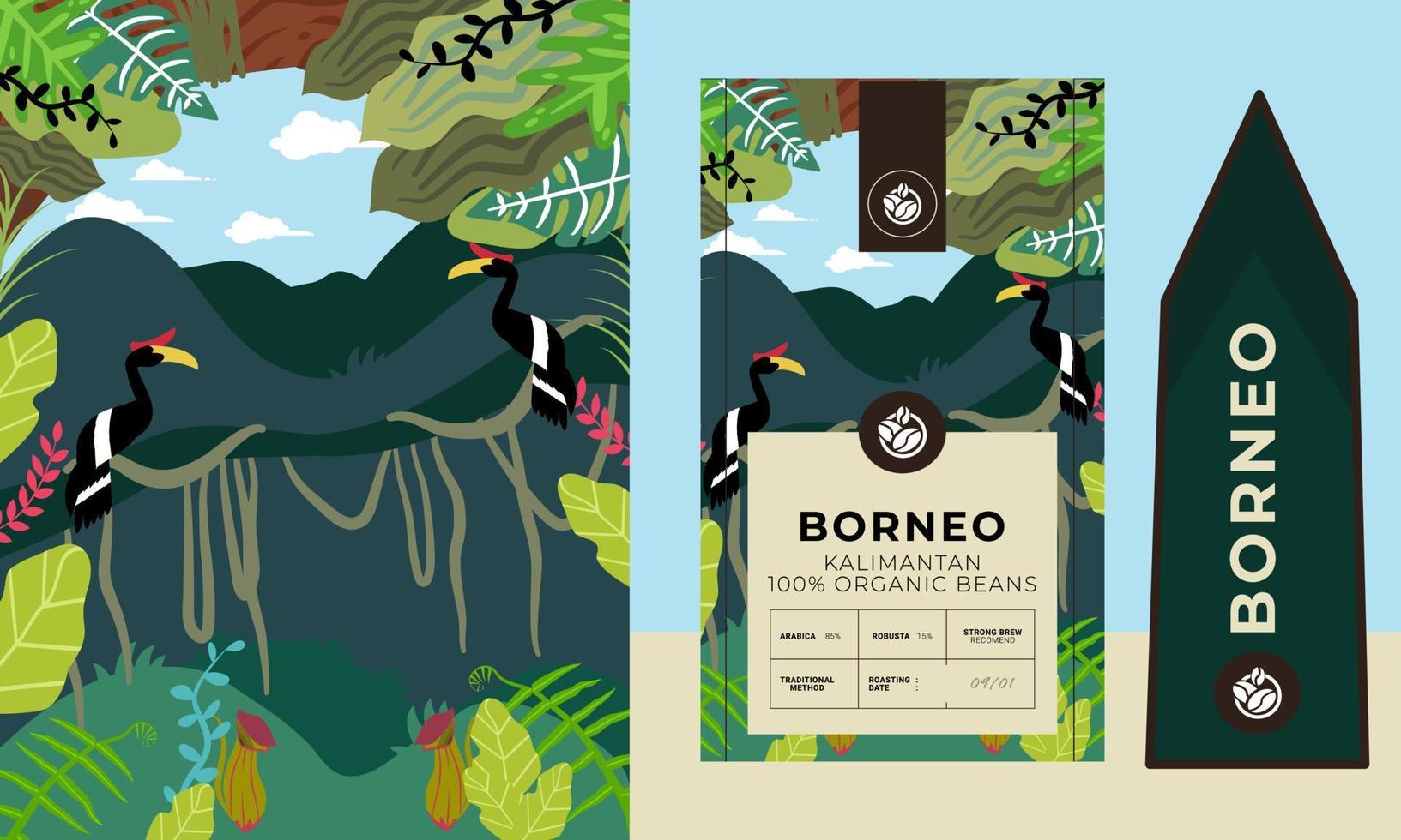 tropischer regenwald mit hornbill-vogelillustration, die für kaffeeverpackungsdesign geeignet ist vektor