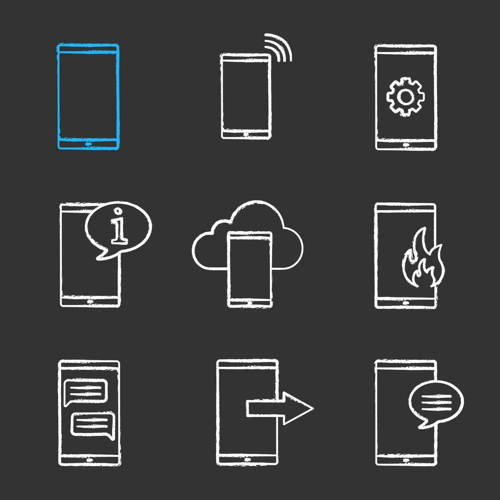 Kreidesymbole für die Telefonkommunikation festgelegt. Smartphone, eingehender Anruf, Einstellungen, Info-Chat, Cloud-Speicher, Notfall, SMS, Datenübertragung, Nachricht. isolierte vektortafelillustrationen vektor