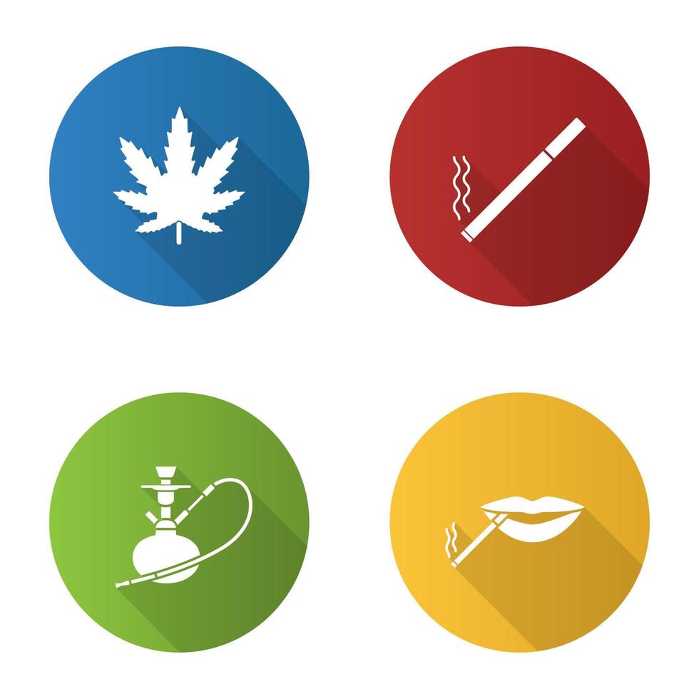 rökning platt design lång skugga glyph ikoner set. marijuanablad, brinnande cigarett, vattenpipa, rökarmun. vektor siluett illustration