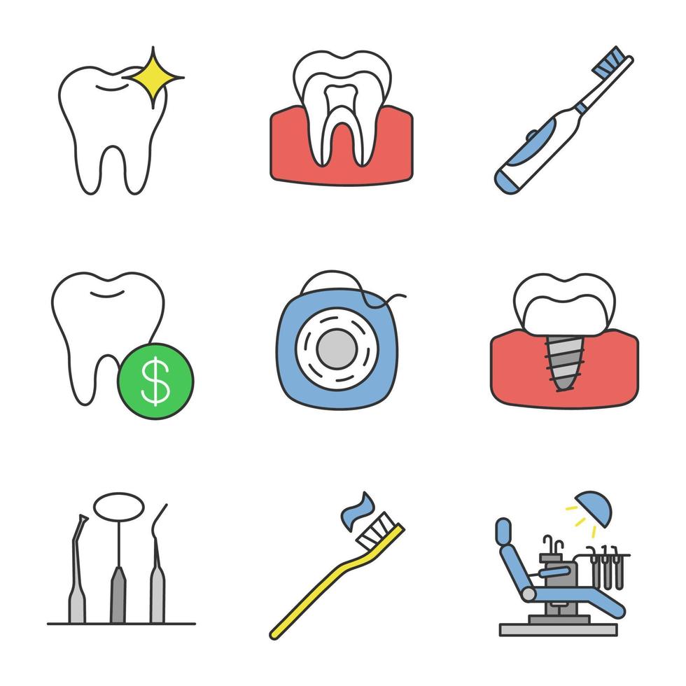 tandvård färg ikoner set. stomatologi. hälsosam tandstruktur, eltandborste, tandvårdspriser, implantat, stomatologiska instrument, tandtråd, tandläkarstol. isolerade vektorillustrationer vektor