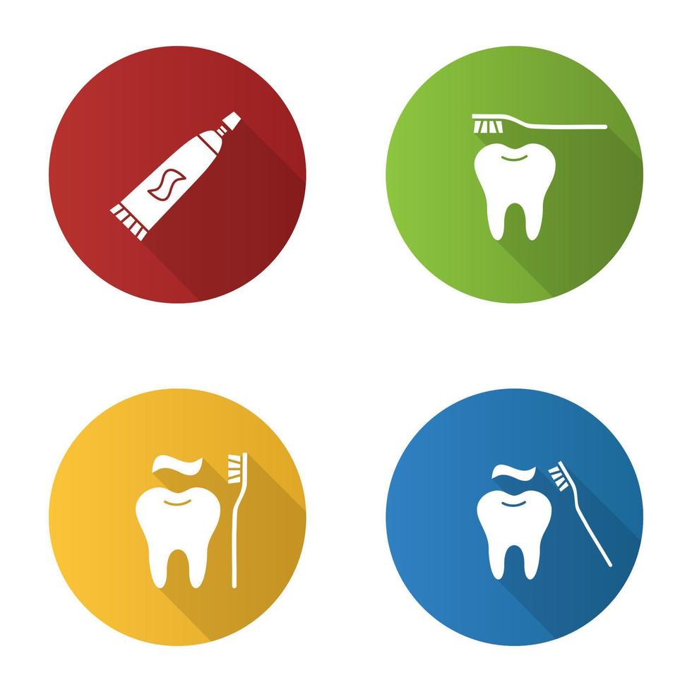tandvård platt design lång skugga glyph ikoner set. stomatologi. tandkräm och korrekt tandborstning. vektor siluett illustration