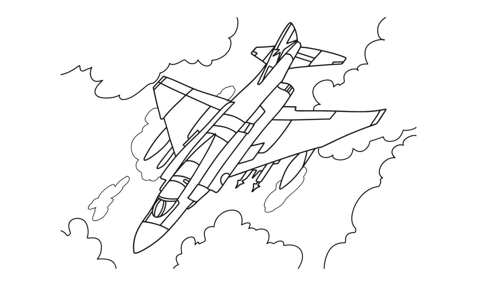 Flugzeugzeichnungslinie Kunstvektorillustration für Malbuch. Cartoon-Flugzeugzeichnung für Malbuch für Kinder und Kinder. Skizze Kunstzeichnung für Malbuch. Kampfjet und Hubschrauber. vektor