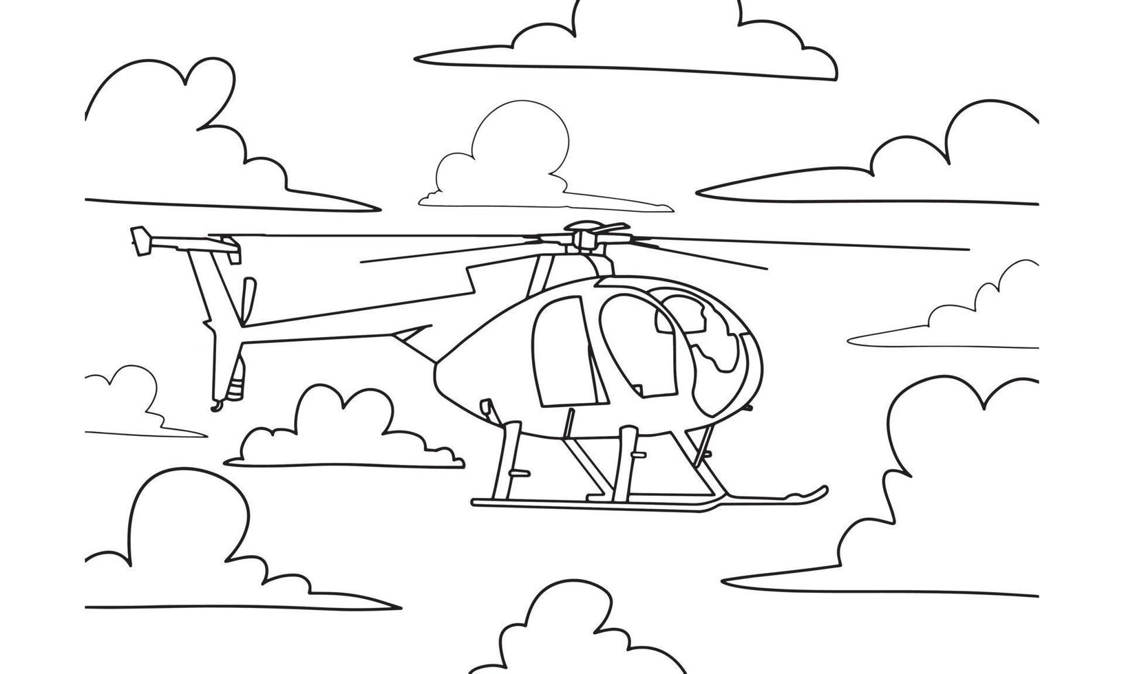 Hubschrauber-Zeichnungslinie Kunstvektorillustration für Malbuch. Cartoon-Flugzeugzeichnung für Malbuch für Kinder und Kinder. Skizze Kunstzeichnung für Malbuch. Kampfhubschrauber. vektor