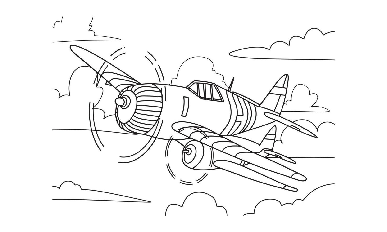 Flugzeugzeichnungslinie Kunstvektorillustration für Malbuch. Cartoon-Flugzeugzeichnung für Malbuch für Kinder und Kinder. Skizze Kunstzeichnung für Malbuch. Kampfjet und Hubschrauber. vektor