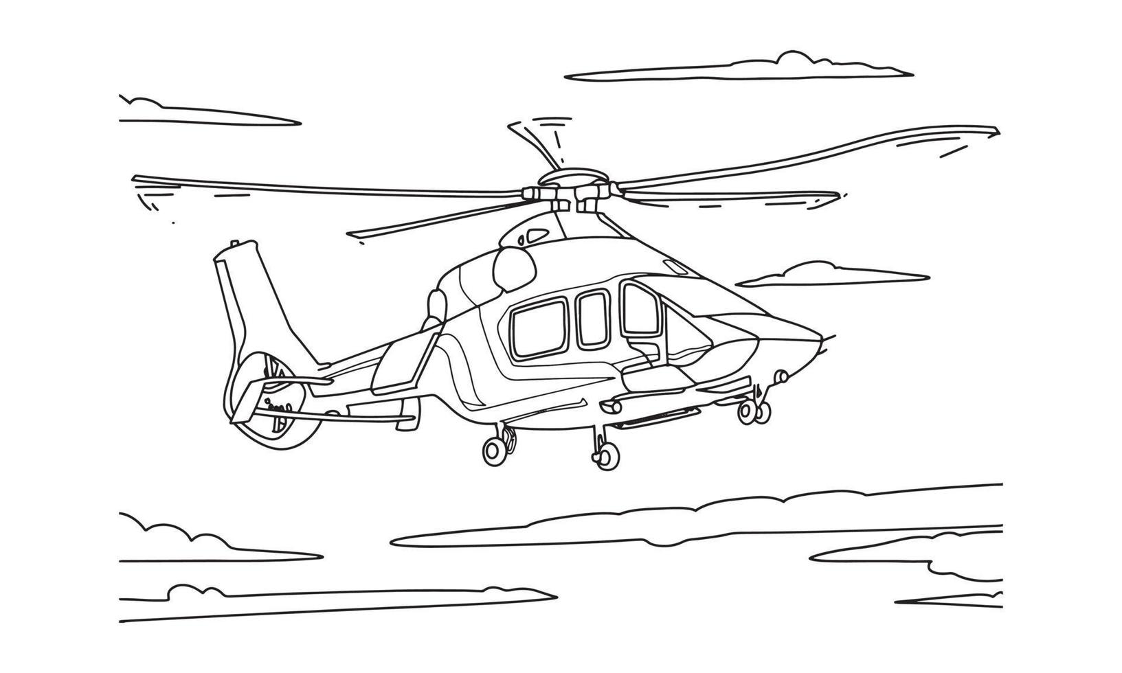 Hubschrauber-Zeichnungslinie Kunstvektorillustration für Malbuch. Cartoon-Flugzeugzeichnung für Malbuch für Kinder und Kinder. Skizze Kunstzeichnung für Malbuch. Kampfhubschrauber. vektor
