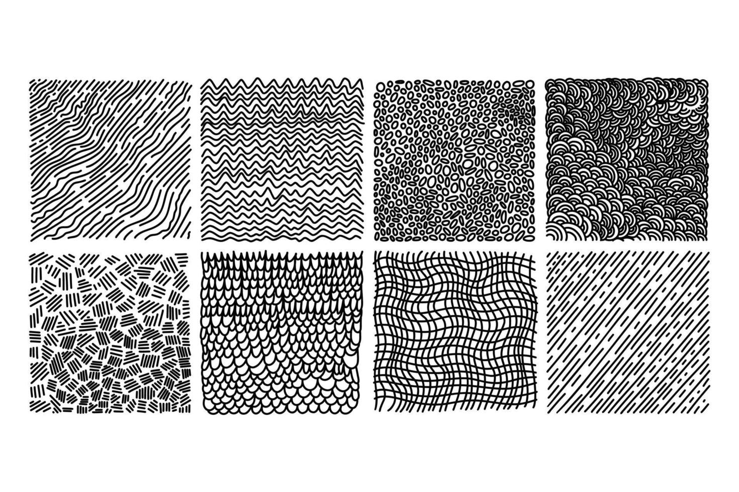 handritad vektor texturer med olika former. abstrakt vektorbakgrunder med prickar, linjer, ränder och streck i svart och vitt